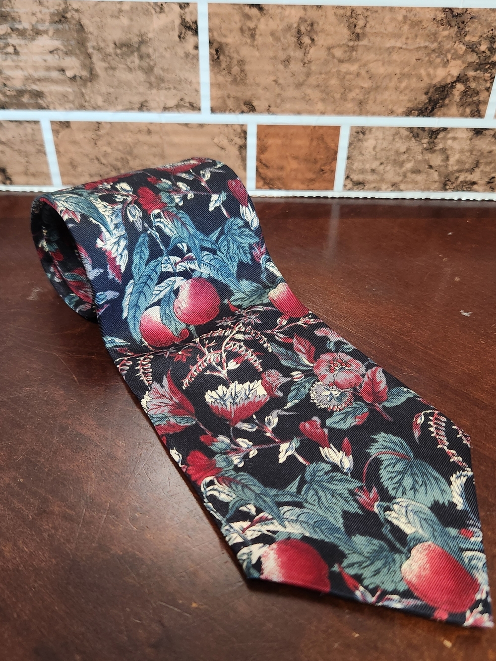 Bugatti Floral Tie in Navy with Red and Teal Accents